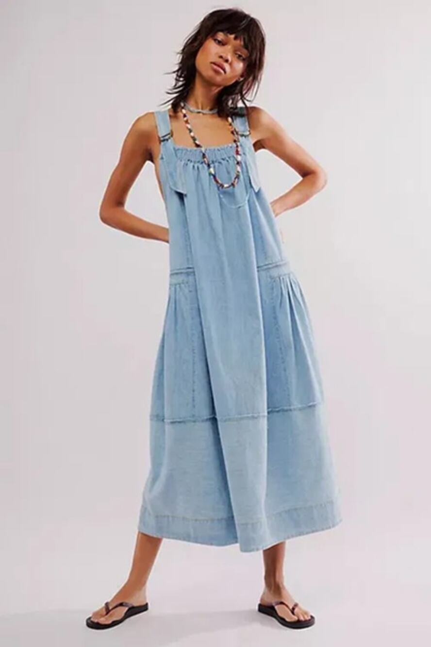 Free People Machu Barrel A-Line Sleeveless Chambray Casual Midi Dress Blue XS